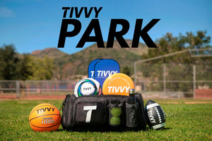 Pre-packed kids sports bag with basketball soccer ball football and outdoor gear