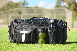 Pre-packed kids sports bag with basketball soccer ball football and outdoor gear