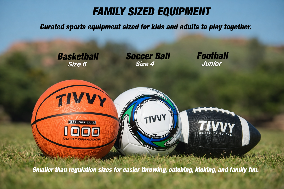 Three TIVVY family-sized sports balls on grass: an orange basketball labeled 1000, a white soccer ball with blue and green graphics, and a black football with white 'TIVVY' branding. Text above reads 'FAMILY SIZED EQUIPMENT' with sizes labeled for basketball, soccer ball, and football.